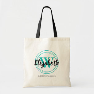 Chic Turquoise Monogram Initiaal Script Name Tote Bag
