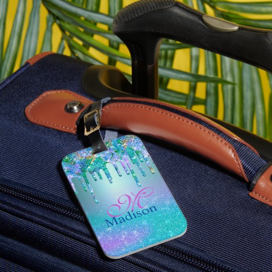 Chic turquoise paarse ombre glitter druppelt monog bagagelabel (Voorkant Insitu 1)