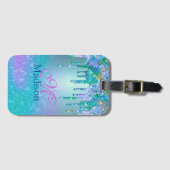 Chic turquoise paarse ombre glitter druppelt monog bagagelabel (Voorkant (horizontaal))