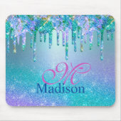 Chic turquoise paarse ombre glitter druppelt monog muismat (Voorkant)