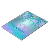 Chic turquoise paarse ombre glitter druppelt monog notitieboek (Linkerzijde)