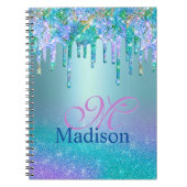 Chic turquoise paarse ombre glitter druppelt monog notitieboek (Voorkant)
