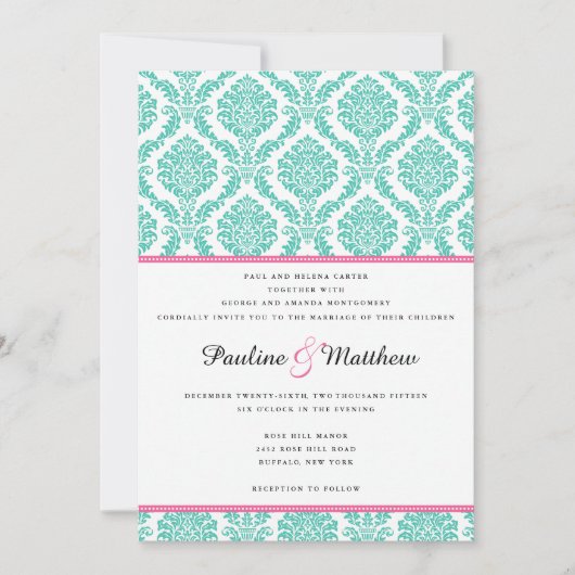 Chic Turquoise Pink Damask Wedding Kaart (Voorkant)