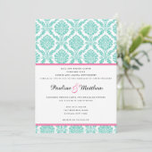 Chic Turquoise Pink Damask Wedding Kaart (Staand voorkant)