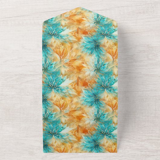 Chic Turquoise Sinaasappel Bloemen Huwelijk All In One Uitnodiging (Buitenkant)