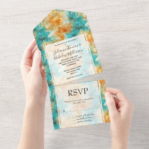 Chic Turquoise Sinaasappel Bloemen Huwelijk All In One Uitnodiging