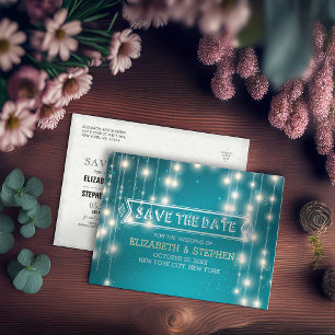 Chic Turquoise String Lights Wedding Save the Date Aankondigingskaart