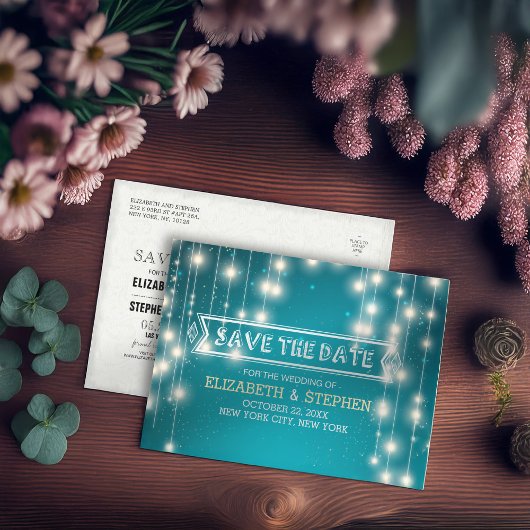 Chic Turquoise String Lights Wedding Save the Date Aankondigingskaart