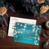 Chic Turquoise String Lights Wedding Save the Date Aankondigingskaart