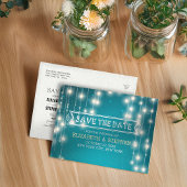 Chic Turquoise String Lights Wedding Save the Date Aankondigingskaart