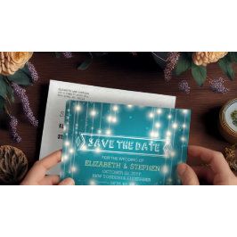 Chic Turquoise String Lights Wedding Save the Date Aankondigingskaart