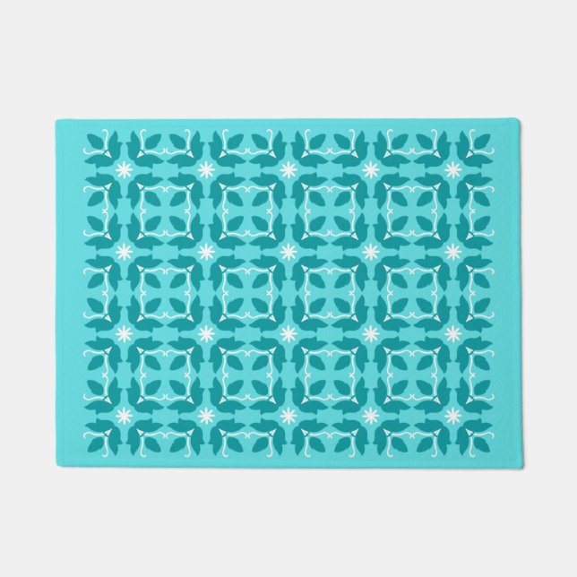 Chic Turquoise Tegel Flowers Pattern Small Deuren Deurmat (Voorkant)