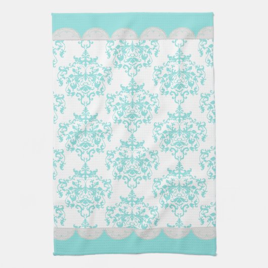 Chic Turquoise & White Damask Towel Theedoek (Verticaal)