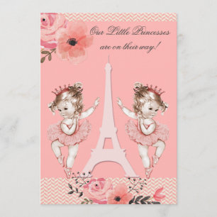 Chic Twin Ballerinas Floral Paris Baby shower Kaart