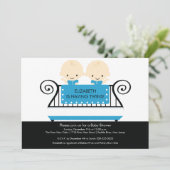 Chic Twins in Wieg Baby shower Invitation Boy Blue Kaart (Staand voorkant)