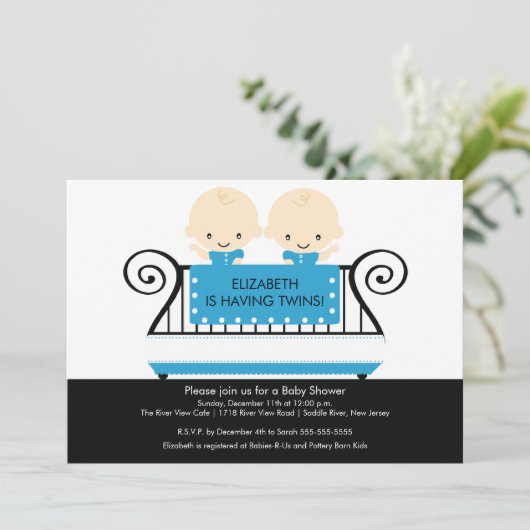 Chic Twins in Wieg Baby shower Invitation Boy Blue Kaart (Staand voorkant)