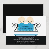 Chic Twins in Wieg Baby shower Invitation Boy Blue Kaart (Voorkant / Achterkant)