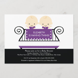Chic Twins in Wieg Baby shower Invitation Paars Kaart
