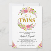 Chic Twins Pink Floral Baby shower Uitnodiging (Voorkant)