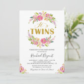 Chic Twins Pink Floral Baby shower Uitnodiging (Staand voorkant)