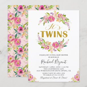 Chic Twins Pink Floral Baby shower Uitnodiging