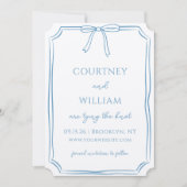 Chic "Tying the Knot" Handgetekende Bow Dusty Blue Save The Date (Voorkant)