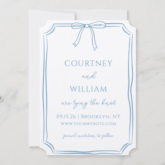 Chic "Tying the Knot" Handgetekende Bow Dusty Blue Save The Date (Voorkant)