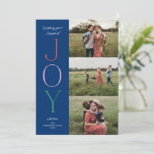 Chic Type Blue JOY kleuren DRIE Foto Feestdagenkaart (Staand voorkant)
