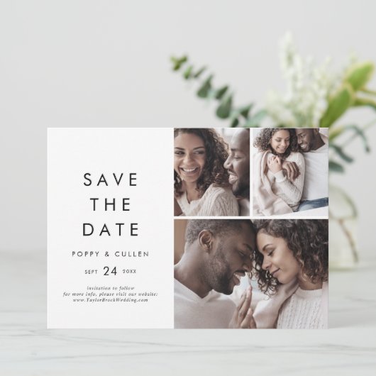 Chic Typografie 3 Foto Collage Save The Date (Staand voorkant)