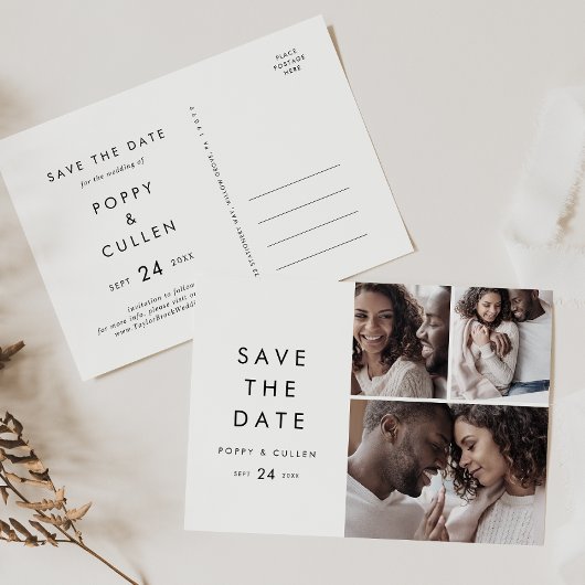 Chic Typografie 3 Foto Collage Save the Date Uitnodiging Briefkaart