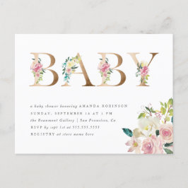 Chic Typografie Waterverf Floral Gold Baby shower Uitnodiging Briefkaart