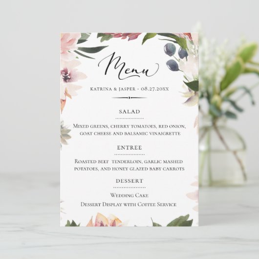 Chic Typography Blush Plum Floral Wedding Menu (Staand voorkant)