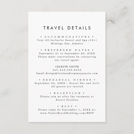 Chic Typography Destination Wedding Travel Details Informatiekaartje (Voorkant)
