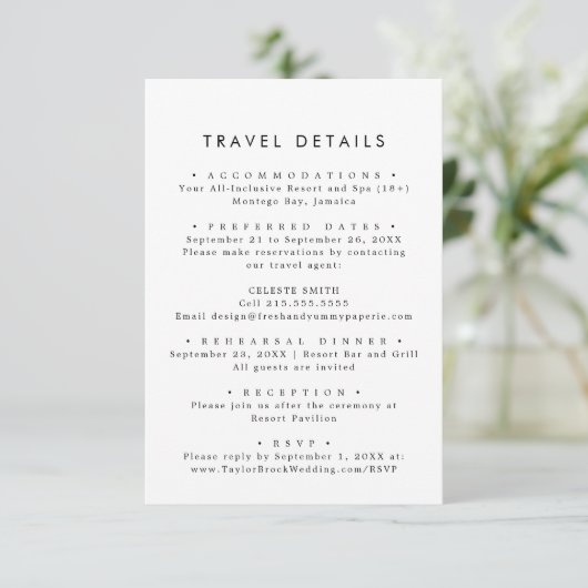 Chic Typography Destination Wedding Travel Details Informatiekaartje (Staand voorkant)