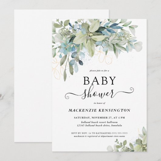 Chic Typography Eucalyptus Greenery Baby shower Kaart (Voorkant / Achterkant)