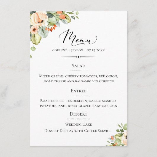 Chic Typography Peach Floral Wedding Menu (Voorkant)