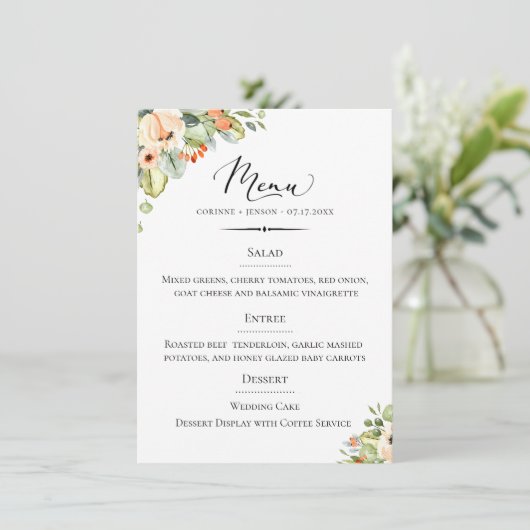 Chic Typography Peach Floral Wedding Menu (Staand voorkant)