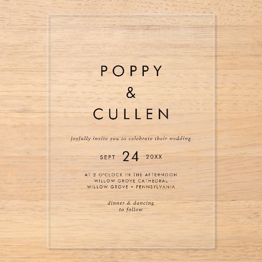 Chic Typography Rustiek Modern Boho Eenvoudige bru Acryl Uitnodigingen (Voorkant)