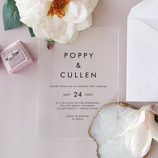 Chic Typography Rustiek Modern Boho Eenvoudige bru Acryl Uitnodigingen