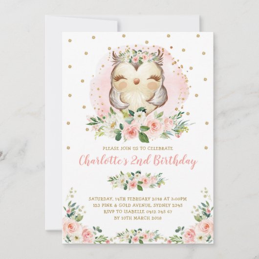 Chic Uil Blush Roze Goud Bloemen Meisje Verjaardag Kaart (Voorkant)