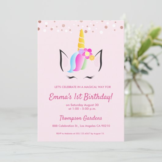 Chic Unicorn Confetti 1e verjaardag Kaart (Staand voorkant)