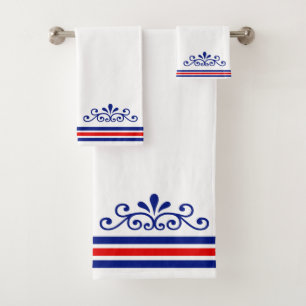 Chic vector ornament & blauwe rode strepen op wit bad handdoek