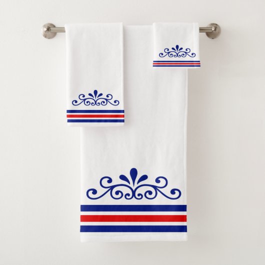 Chic vector ornament & blauwe rode strepen op wit bad handdoek (Insitu)