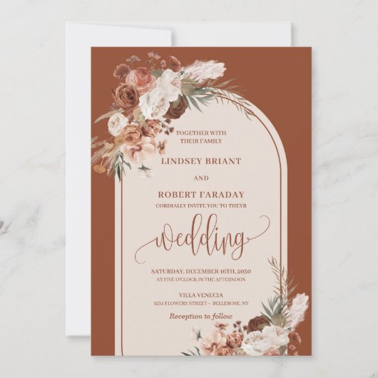 Chic Verbrand Sinaasappel Pampas Grass Boho Weddin Kaart (Voorkant)