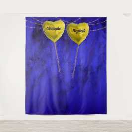 Chic Verloving Hart Trouwfoto Achtergrond Blauw Wandkleed