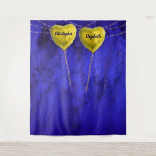 Chic Verloving Hart Trouwfoto Achtergrond Blauw Wandkleed