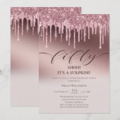 Chic Vijftigroze Glitter Birthday Kaart (Voorkant / Achterkant)