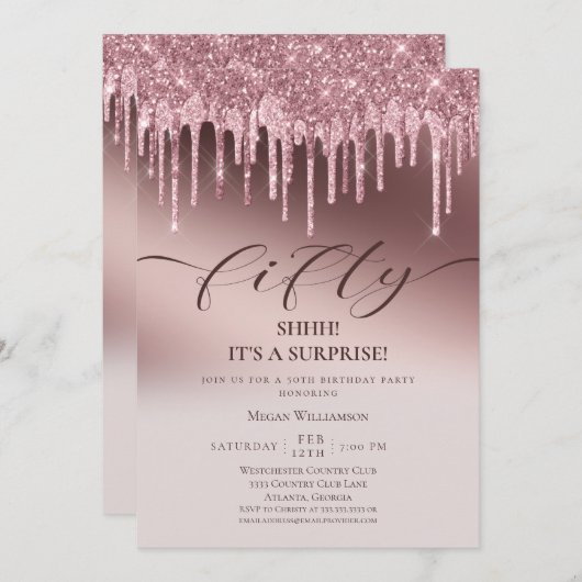 Chic Vijftigroze Glitter Birthday Kaart (Voorkant / Achterkant)