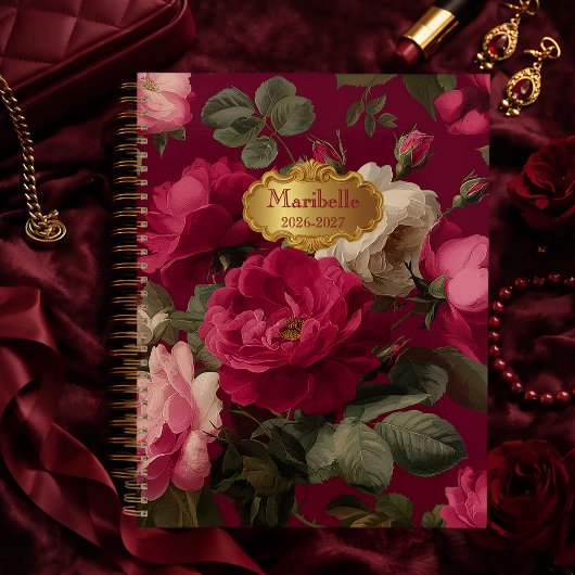 Chic Vintage Rose Red Floral  Monogrammed  Planner