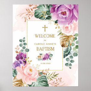 Chic Violet Blush Tropische Floral Greenery Baptis Poster